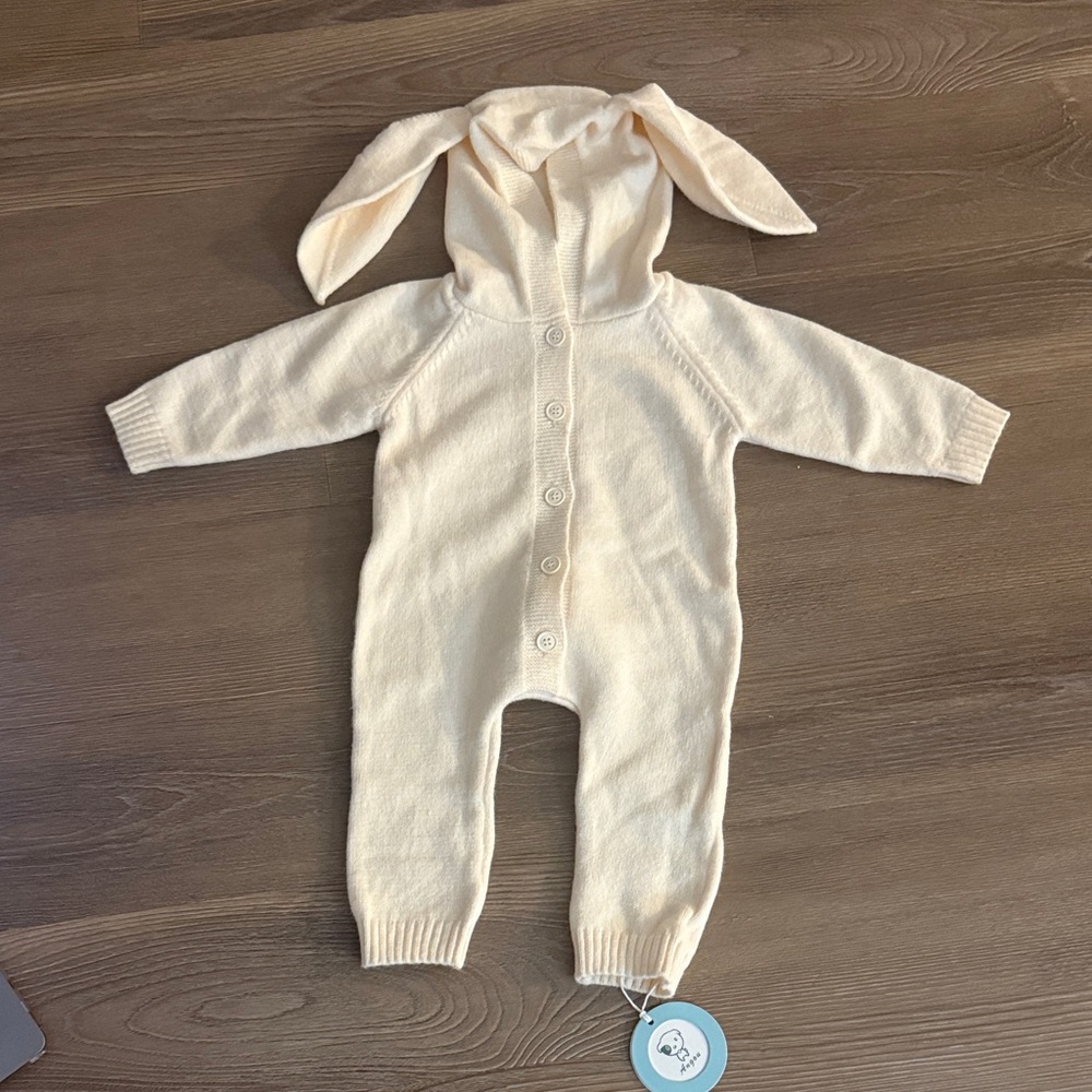 NWT baby bunny beige knit sweater coverall with ears